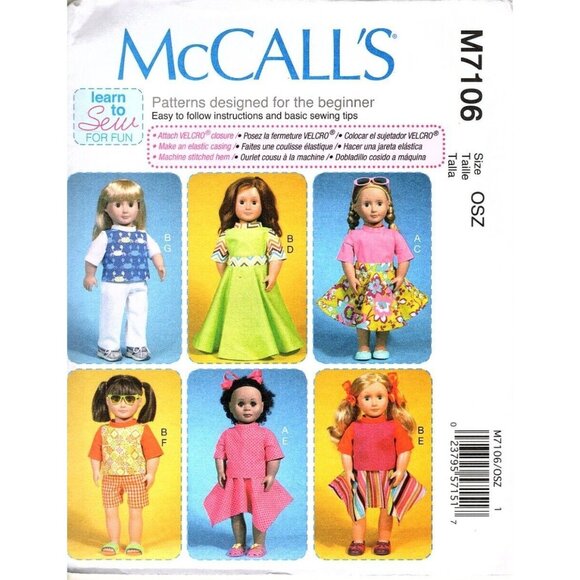McCall's Learn to Sew M7106 18 inch Doll Clothing Uncut Sewing Pattern - Picture 1 of 2
